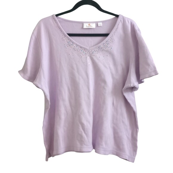 Quacker Factory Tops - Quacker Factory V-Neck T-Shirt Lavender Cotton Rhinestone Embellishments Large